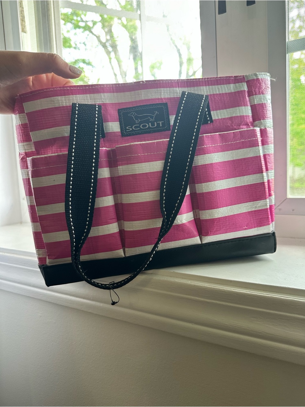 Scout Pink and White Striped Tote with Black Trim